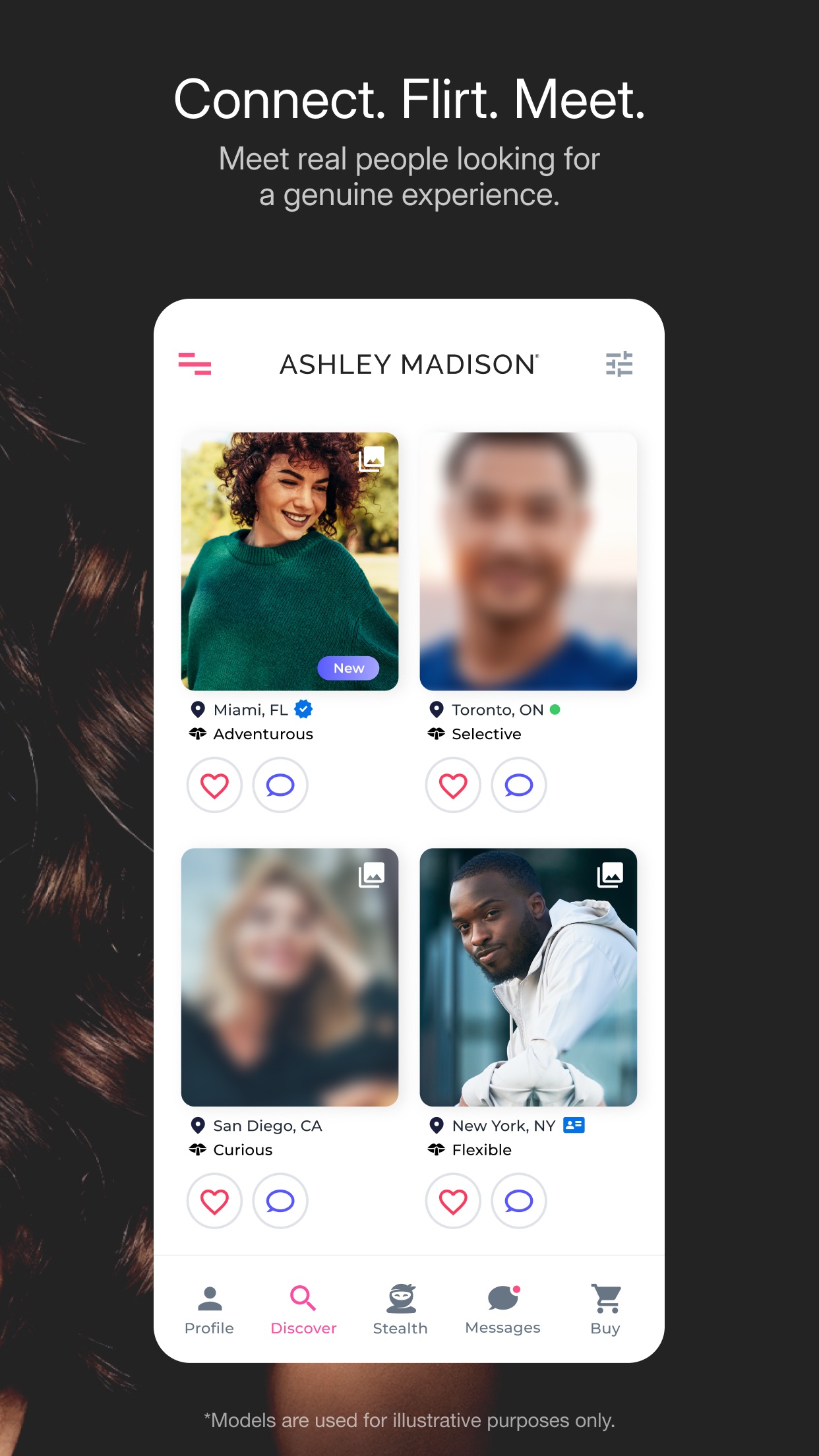 Discover screen showing member profiles in Miami, Toronto, San Diego and New York